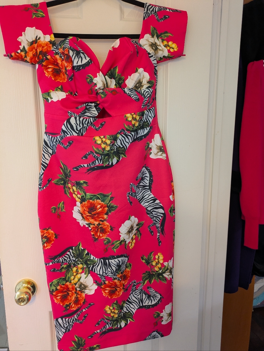 River Island Hot Pink Off-Shoulder Floral & Zebra Print Dress
